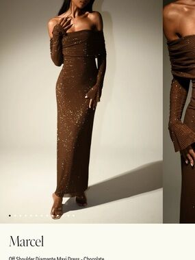 Off-Shoulder Chocolate Brown Diamante Maxi Dress